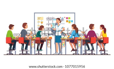 Smiling teacher woman giving task to students studying and working on laptops in modern technology class room with desk and whiteboard. University lecture hall interior. Flat vector illustration