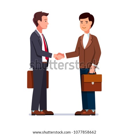 Two international business man Caucasian and Chinese shaking hands. Businessmen first meeting greeting with firm handshake. Flat style character vector illustration isolated on white background