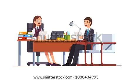 Boss woman holding CV or HR manager meeting job applicant man in director office. Employment candidate having job position evaluation interview. Business interior design flat vector illustration