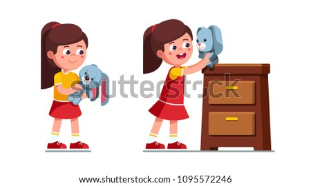 Smiling preschool girl kid playing with soft toy rabbit, carrying and seating it on top if drawers chest. Child cartoon character. Flat vector illustration isolated on white background