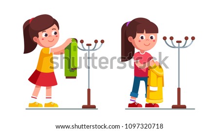 Smiling preschool girls holding & hanging coat on hanger stand. Child cartoon girl characters. Childhood & preschool development. Clothing metal hanger rack. Flat vector illustration isolated on white