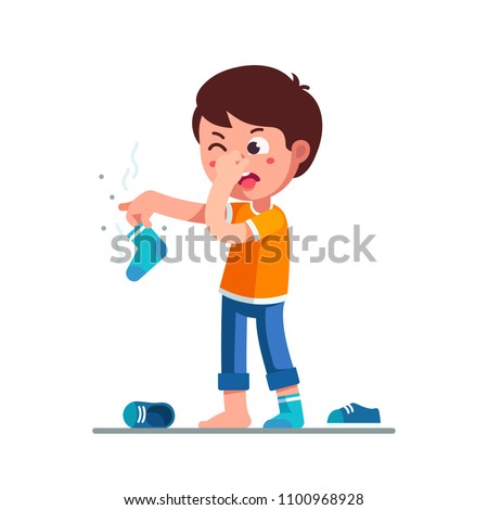 Standing boy kid holding dirty smelling sock in hand closing nose and taking out tongue in yuck face expression. Child smelly sock. Cartoon character feeling bad stinky smell. Flat vector illustration