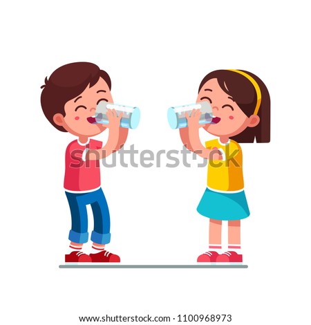 Smiling standing preschool boy and girl kids enjoying drinking water holding glasses. Happy, kids drinking water hydrating. Children cartoon characters. Quench thirst. Flat style vector illustration