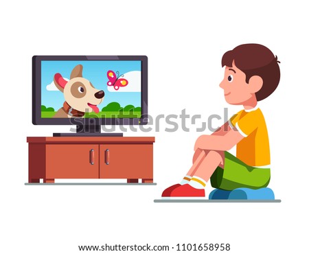 Smiling preschool boy kid sitting on cushion and watching film on TV about dog and butterfly. Kid dreaming about own dog watching TV. Child leisure. Flat style vector illustration isolated on white