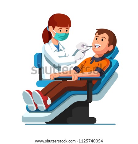 Dentist woman holding instruments and examining patient man teeth looking inside mouth. Patient lying down in dental chair. Teeth examination & dentistry checkup. Flat vector dentist  illustration