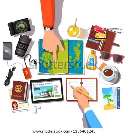 Hands of people couple pointing at map, planning vacation trip choosing location & writing items check list. Set of travel items. Top closeup view. Journey plan. Flat vector isolated illustration