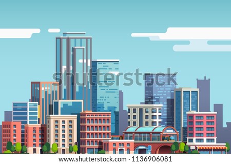 City downtown with skyscrapers, business buildings, clouds, blue sky. City center downtown cityscape view. Big city buildings. Town real estate clipart. Flat vector illustration isolated on background