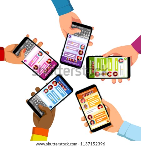 Five people group chatting sending text messages holding smart phones. Hands typing new messages using phone chat. Texting app. Modern mobile messaging communication. Flat vector isolated illustration