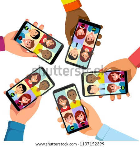 Five people group talking together on video conference app phone call. Hands holding phones showing faces. Collective mobile team group call video conferencing communication. Flat vector illustration