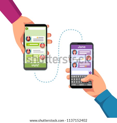 Two people hands holding phones, chatting or sending messages to each other. Hand typing new message using phone chat app. Modern mobile messaging communication. Flat vector isolated illustration