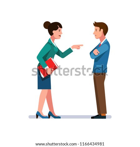 Angry business woman pointing finger at man. Colleague reprimanding, blaming, accusing coworker of mistake. Office workers conflict. Argument, confrontation & dispute. Flat vector illustration