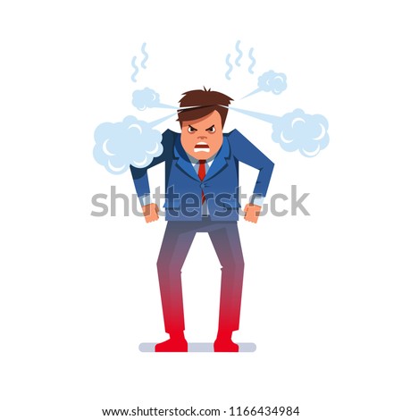 Furious outraged chief executive business man frowning, screaming, grinning and pumping fists while standing. Angry mad boss with steaming smoke from his head. Flat vector character illustration