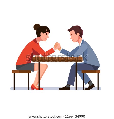 Business man and woman sitting and arm wrestling at desk. Business rivals competing. Office worker gender competition and confrontation concept. Flat vector illustration isolated on white Foto d'archivio © 