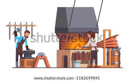 Blacksmith man working with sledge hammer doing metalwork at smithy workshop with anvil, fire bellows, forge, grinding wheel. Assistant woman heating iron. Smith shop interior flat vector illustration