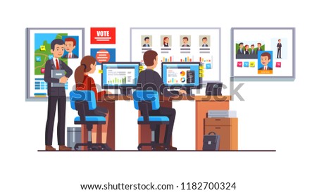 Election race campaign headquarters analyst team working together analyzing candidates polls data. Politician HQ office workers and campaign manager. Flat style isolated vector illustration