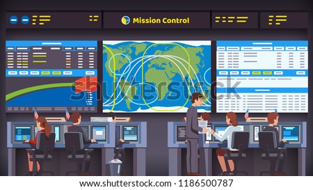 Orbital space flight mission control center room interior. Engineers people working at their desks & computers overseeing rocket launch, flight and landing. Flat style vector illustration