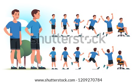 Young healthy sportsman person poses, various actions set. Front and back views collection. Fit man standing in park, walking, jogging, running, jumping, sitting in chair. Flat vector illustration