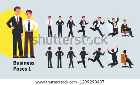 Business man poses and actions set. Front and back views of business person collection. Businessman standing, walking, running, celebrating success, sitting in office chair. Flat vector illustration