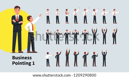 Business men pointing index finger in different directions set. Front and back views of gesturing businessman person. Businessman standing, pointing aside, up with one and both hands. Flat vector illu