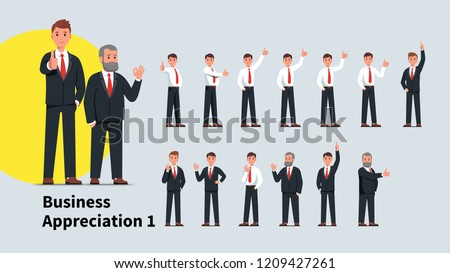Young & senior business men showing thumb up gesture and OK sign set. Successful business people characters standing gesturing businessman showing positive feedback. Flat isolated vector illustration