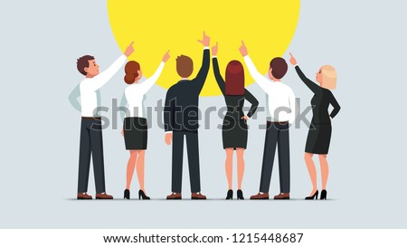 Business men and women group standing back to viewer and pointing up. Businessman and woman team pointing upwards together. Flat style isolated vector character illustration