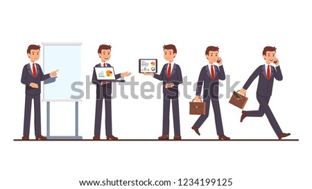 Business coach man doing project presentation showing charts on flipchart, laptop and tablet computer, walking, running with phone & suitcase. Businessman poses. Flat cartoon vector illustration