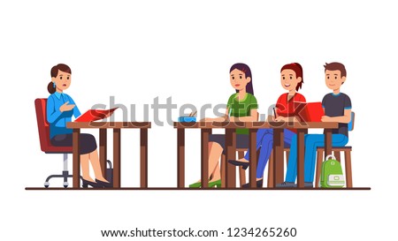 University or college classroom lesson. Teacher conducts a lecture speaking to students group class sitting at school desks studying. Flat style cartoon character vector isolated illustration