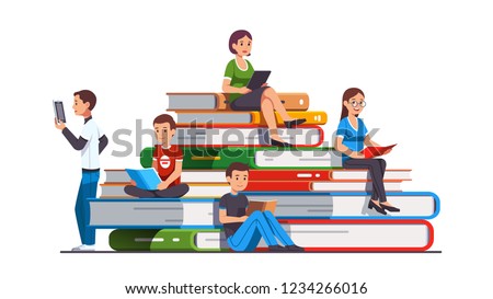 College and school students kids, man & woman sitting, reading on big pile of books using paper and digital books, tablet computers. Education, knowledge concept. Flat cartoon vector illustration