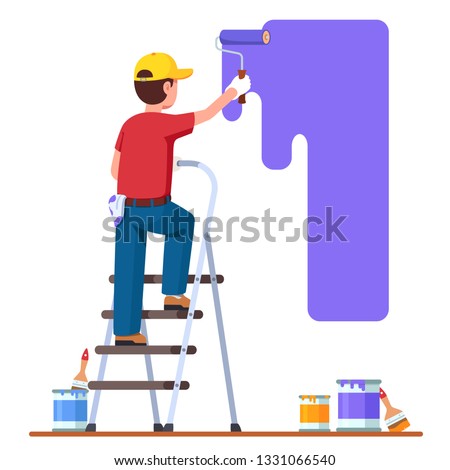 Painter man painting house wall with roller brush standing on step ladder. Worker guy using paint-roller & paint cans. Decorator job, interior renovation service. Flat vector character illustration