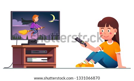 Smiling kid watching tv, switching channels with remote control in hand. Girl sinking and wasting free time watching movie on flat screen sitting. Cartoon character. Flat isolated vector illustration
