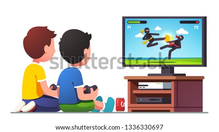 Two boys kids sitting at tv screen with gamepad controllers playing fighting console video game together. Children gamers cartoon characters. Gaming entertainment & leisure. Flat vector illustration