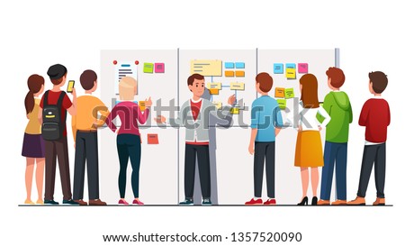 Young business leader man entrepreneur explaining answering students crowd group questions after workshop event lecture standing at big whiteboard with sticky notes diagram. Flat vector illustration