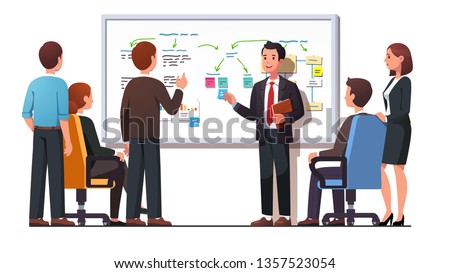 Manager employee presenting new business strategy project to higher rank executives or directors board members man & woman bosses. White board diagram presentation. Flat vector illustration
