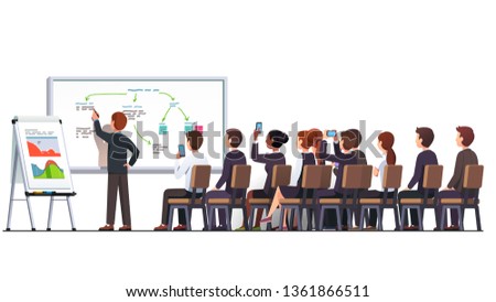 Business education class teacher & trainer man workshop teaching strategy business students audience group using white blackboard & flip-chart diagrams, charts in classroom. Flat vector illustration