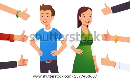 Happy smiling cheerful couple man & woman surrounded by thumbs up gesturing hands. Social approval, positive feedback and acceptance success concept. Flat style vector character illustration