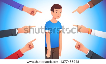 Sad, depressed, ashamed man surrounded by hands pointing him out with fingers. Harassment shame victim. Social disapproval blame and accusation concept. Flat style vector character illustration