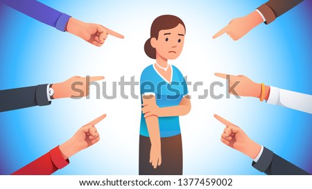 Sad, depressed, ashamed woman surrounded by hands pointing her out with fingers. Harassment shame victim. Social disapproval blame and accusation concept. Flat style vector character illustration
