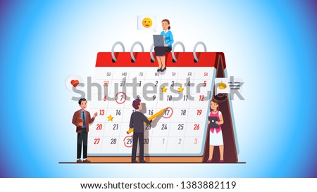 Business team working together planning scheduling week & month operations agenda making employee assignments on big spring desk calendar. Drawing day mark on planner meeting. Flat vector illustration