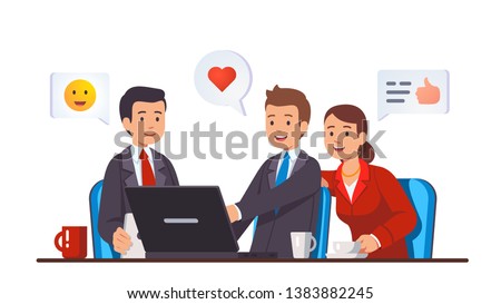 Business meeting behind work desk with laptop computer. Business people team sitting together looking at pc screen discussing done job, expressing appreciation. Flat vector character illustration