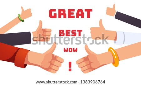 Many thumbs up gesturing hands. Approval, positive feedback, appreciation and acceptance concept. Like gesture. Flat style vector illustration