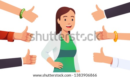 Happy smiling cheerful & beautiful woman surrounded by thumbs up gesturing hands. Social approval, positive feedback and acceptance success concept. Flat style vector character illustration