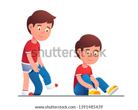 Boy kid dressing up or changing pants. Child put up clothes by himself. Guy lacing his shoes. Children undressing and dressing confidently. Flat vector character illustration