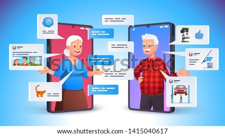 Old aged family couple man & woman communication using smart phone video call. Elderly people talking, chatting, messaging, gossiping on social network topics. Flat vector character illustration