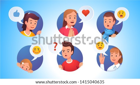 Collection of character faces with various emotions expressions and gestures looking out of rounds. Curious, praying happy, waving hand, peeking and surprised set. Flat vector character illustration