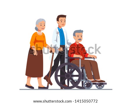 Family doctor or nurse pushing wheelchair with sick or disabled old man next to his aged wife walking with cane. Elderly people family couple receiving help & care. Flat vector character illustration
