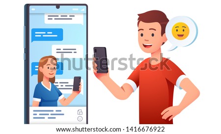 Modern communication concept. Man, woman couple chatting, messaging using chat app or social network on mobile phone. Two persons cellphone conversation sending messages. Flat vector illustration