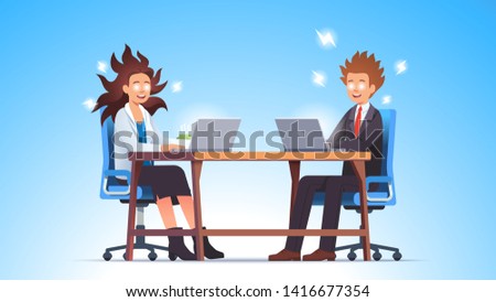 Crazy energized productive man & woman team work together using laptop computers. Business people do job sit at desks. Efficient worker full of energy. Concept flat vector character illustration