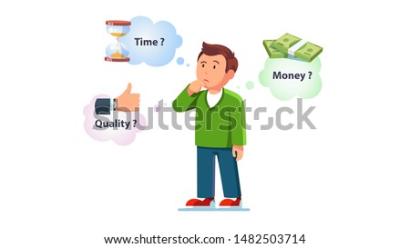 Man contemplating over conflicting interrelated values triangle. Time, cost or quality question concept. Guy question think on controversy of money, time and quality. Flat vector character illustration 