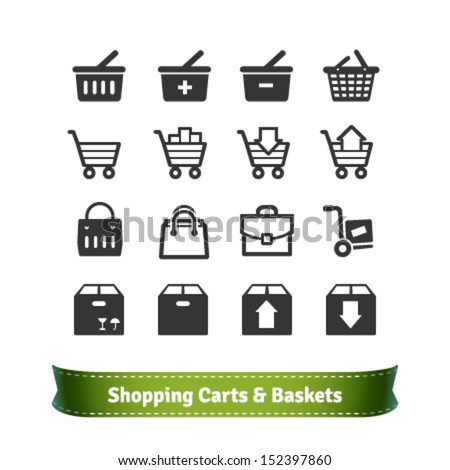 E-commerce Shopping Carts and Baskets. Shopping Bags and Merchandise Boxes