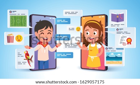 Two kids characters talking, chatting, sharing over video conference mobile phone messaging app. Modern people social network online discussion. Children communication concept flat vector illustration